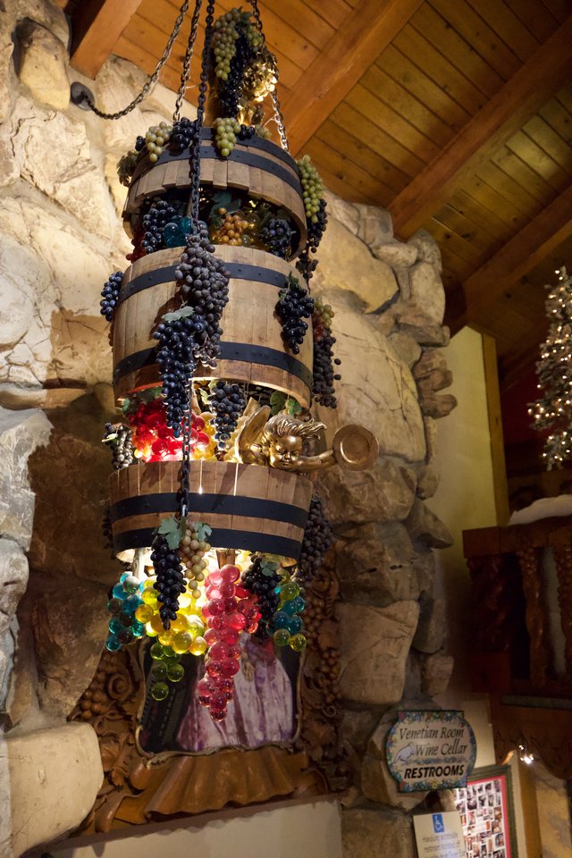 Wine Barrel Chandelier with Colorful Glass Grapes