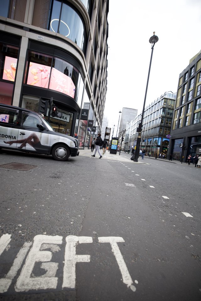 Urban Street View with 'LEFT' Road Marking in London