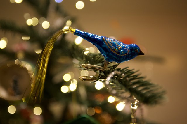 Blue Glass Bird Christmas Tree Ornament with Bokeh Lights