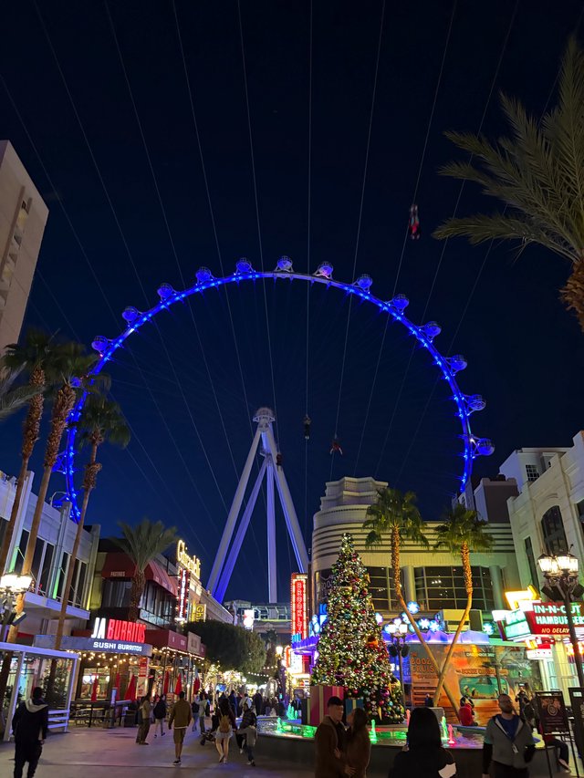 The LINQ High Roller Illuminated at Night with Holiday Decorations
