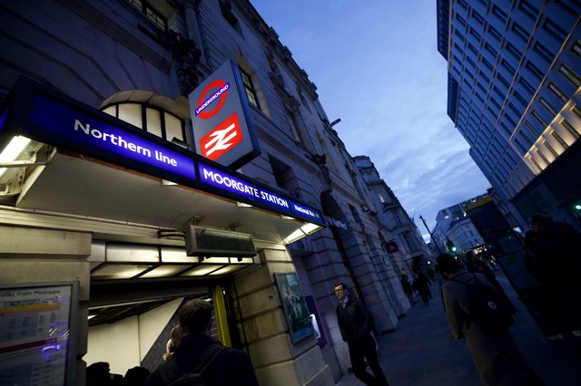 Moorgate Station Northern Line Entrance at Dusk