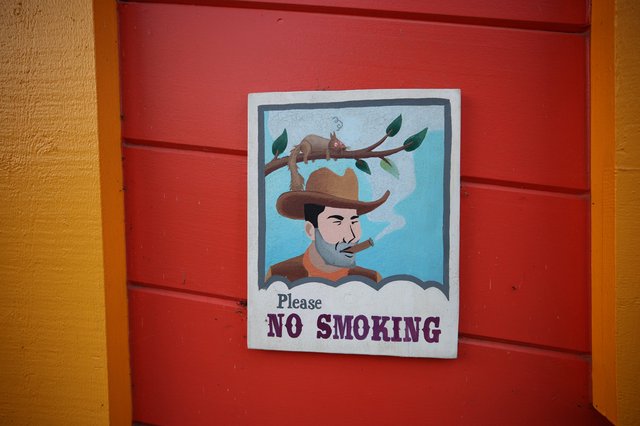 Whimsical No Smoking Sign on Red Wall