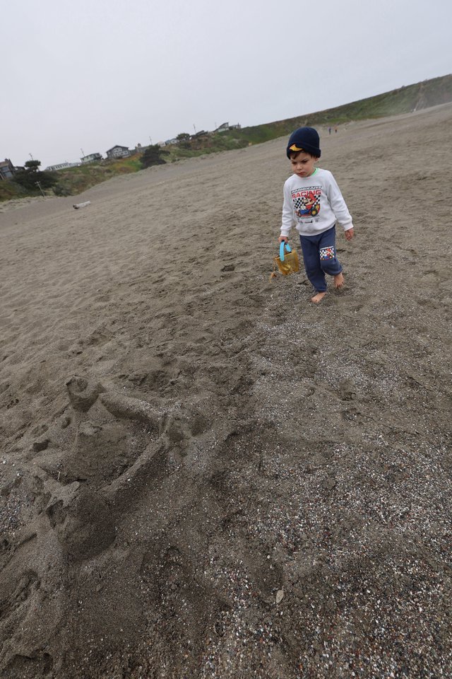 Young Explorer Walking Barefoot on Foggy Beach