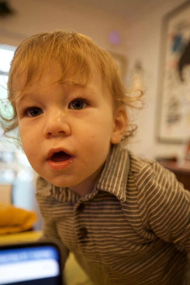 Curious Toddler with Blonde Curls at Mealtime