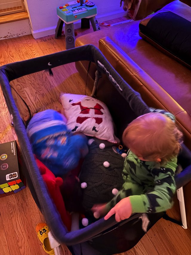 Toddler Playing with Toys in Pack 'n Play at Home