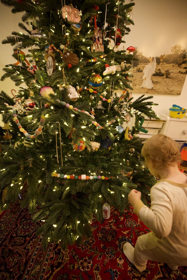 Child Admiring Decorated Christmas Tree on Holiday Morning