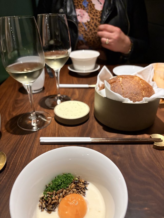 Japanese Fine Dining: Raw Egg Yolk Rice Bowl and White Wine
