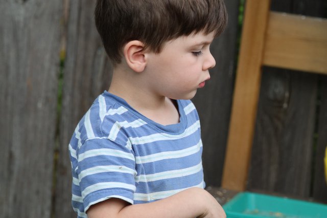 Young Boy in Striped Shirt Looking Down Thoughtfully