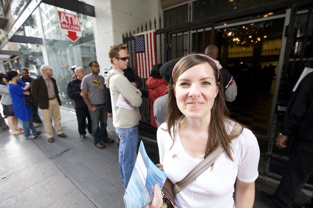 Smiling Voter Waits in Line on Election Day 2008