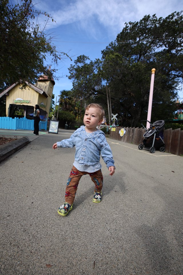 Toddler Exploring Theme Park Path in Denim