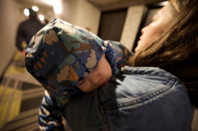 Child in Dinosaur Pajamas Being Carried Indoors