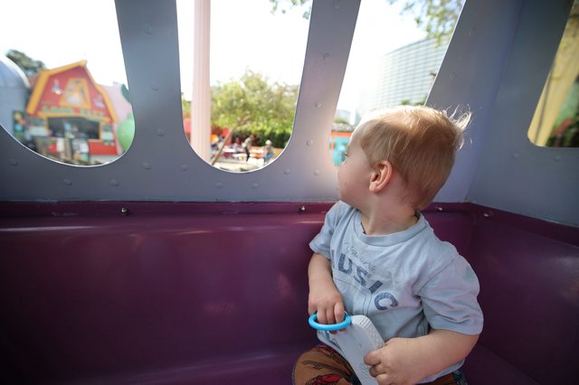 Young Child Gazing Through Playground Windows at Theme Park