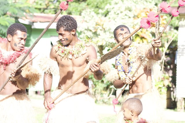 Traditional Fiji Men Perform Spear Dance