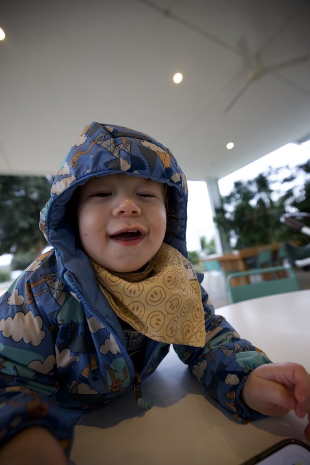Joyful Toddler in Dinosaur Raincoat at Outdoor Restaurant