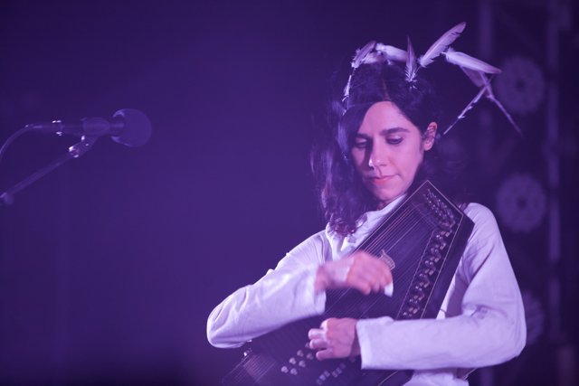 PJ Harvey's Solo Performance Caption: PJ Harvey playing the accordion and singing into a microphone during her solo performance at Coachella 2011 on Sunday.
