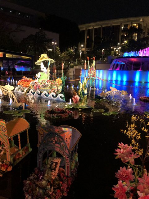 Spectacular Nighttime Float Display in Pond