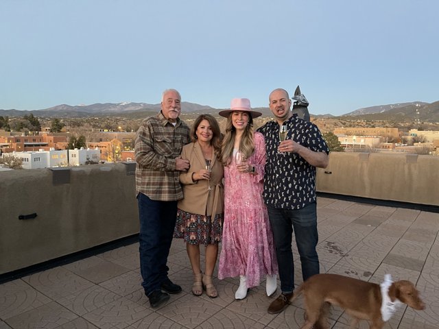 Family Photo with Four Posers and One Pooch on Santa Fe Rooftop