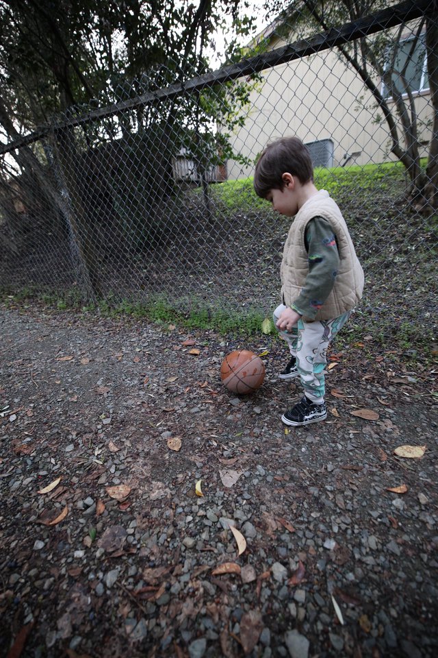 Young Child Playing Basketball in Backyard