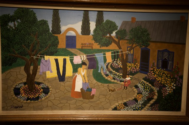 Folk Art Painting of Domestic Life and Laundry Day