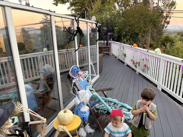 Halloween Skeleton Display on Foggy Deck