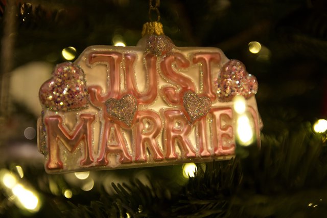 Just Married Christmas Ornament with Glittering Hearts