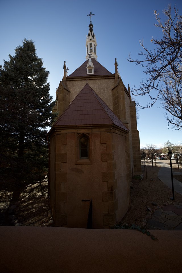 Historic Adobe Chapel with Purple Roof in Santa Fe