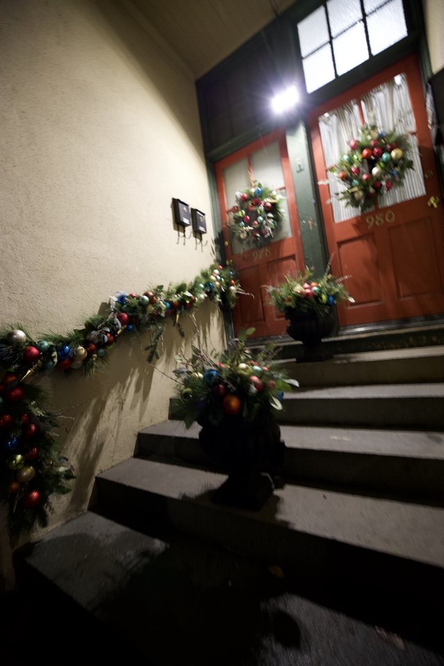 Festive Holiday Entrance with Colorful Christmas Decorations