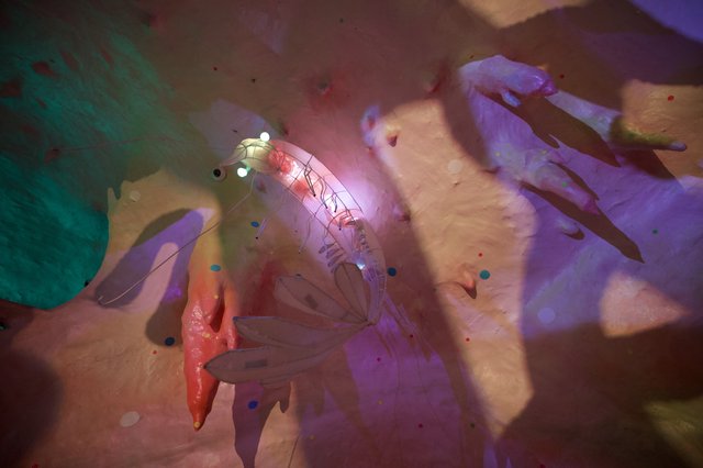 Illuminated Robotic Shrimp Among Floral Projections