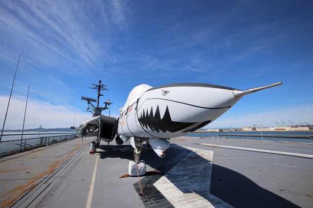 Military Aircraft with Shark Teeth Nose Art on USS Hornet