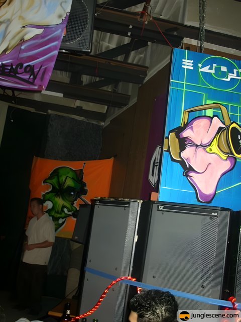 Cartoon character poster in a music club