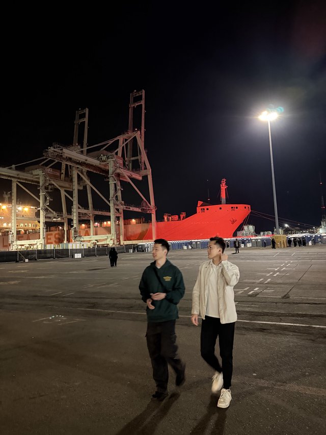 Night at the Industrial Port with Red Ship
