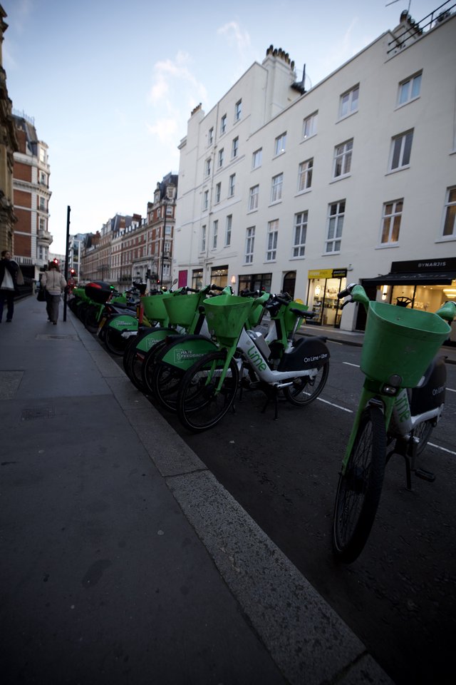 Green Bike Share Station on London Street at Dusk