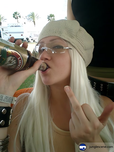 White-haired Woman Enjoying a Beer at Coachella