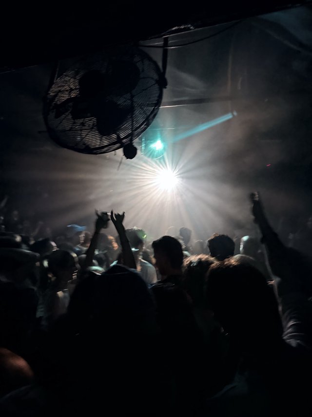 Crowd Bathed in Dramatic Stage Lights at Night Concert