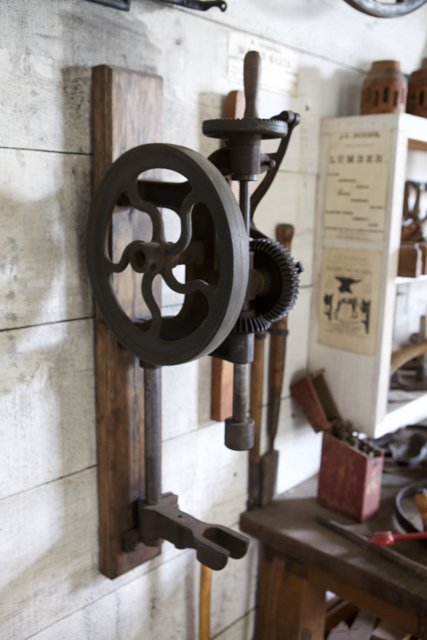 Workshop Wall with Clock and Tools