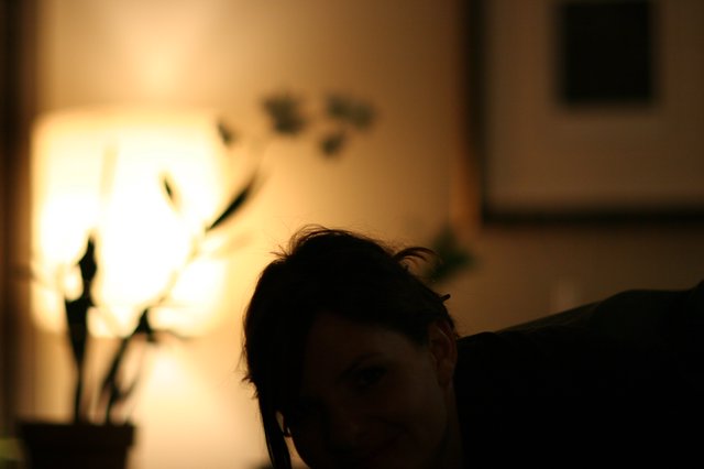 Silhouette of Penelope in Warm Lamplight Glow