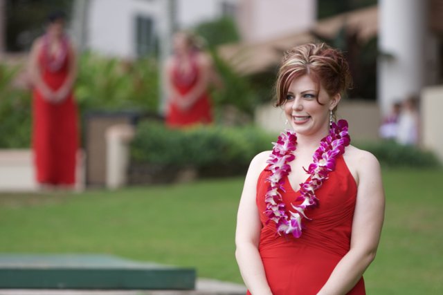 Red Dress Smiles on Wedding Day