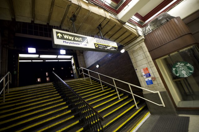 London Underground Station Exit with Yellow Safety Steps