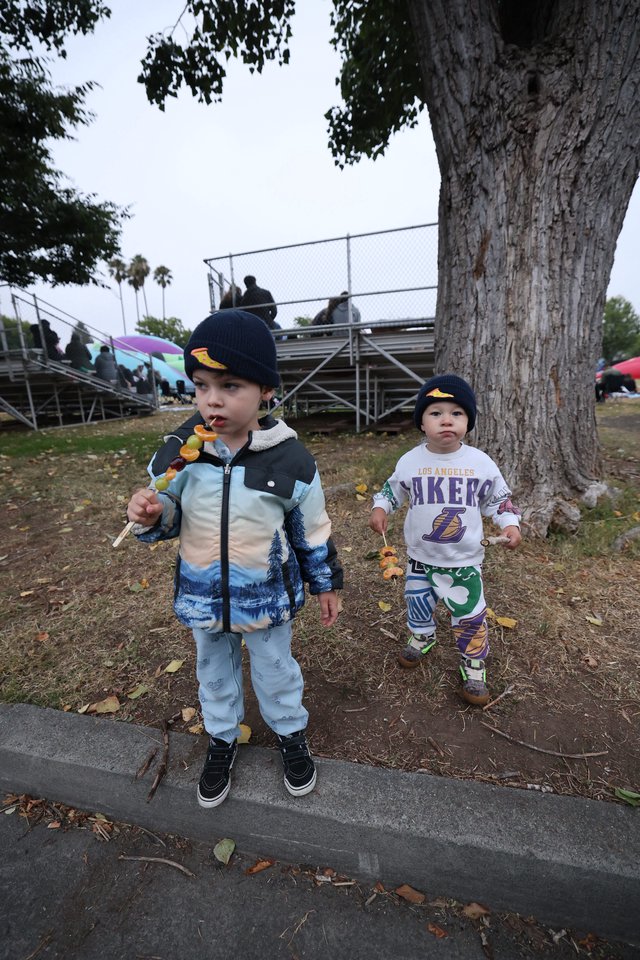 Two Young Boys Enjoying Candy Skewers at Balloon Festival