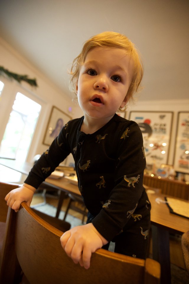 Curious Toddler in Dinosaur Pajamas at Home