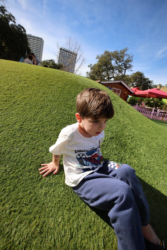 Boy Sliding Down Grassy Hill at Urban Park