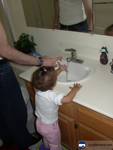 Tiny hands washing with the company of a plant