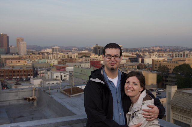 Couple Embracing on Downtown Los Angeles Rooftop