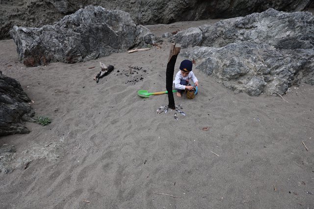 Child Explores Rocky Beach Cove with Toy Shovel