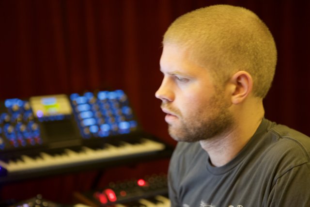 Morgan Page creating electronic sounds in studio