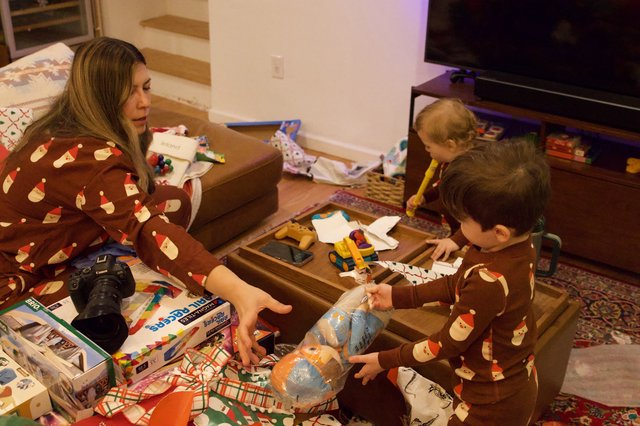 Family Christmas Morning With Matching Pajamas and Presents