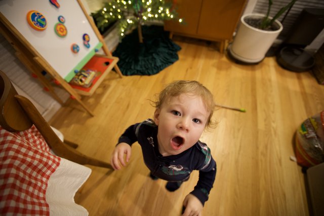 Toddler's Surprised Expression on Christmas Morning