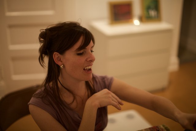 Candid Moment of Joy at an Art Gallery