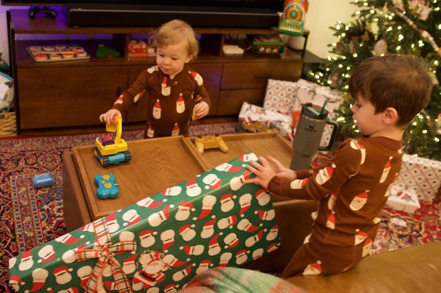Christmas Morning Joy with Matching Pajamas and Presents
