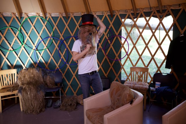 Man and his dog enjoying the yurt life